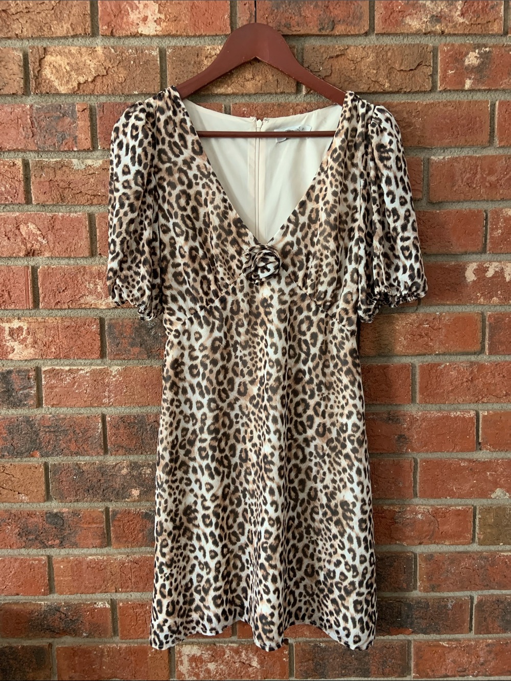 Wayf Leopard-Print V-Neck Mini Dress in Brown and Cream with Rosette